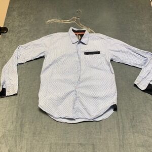 Silverstone Shirt Mens Medium Blue Geometric Cotton Pocket Round Hem Button Up